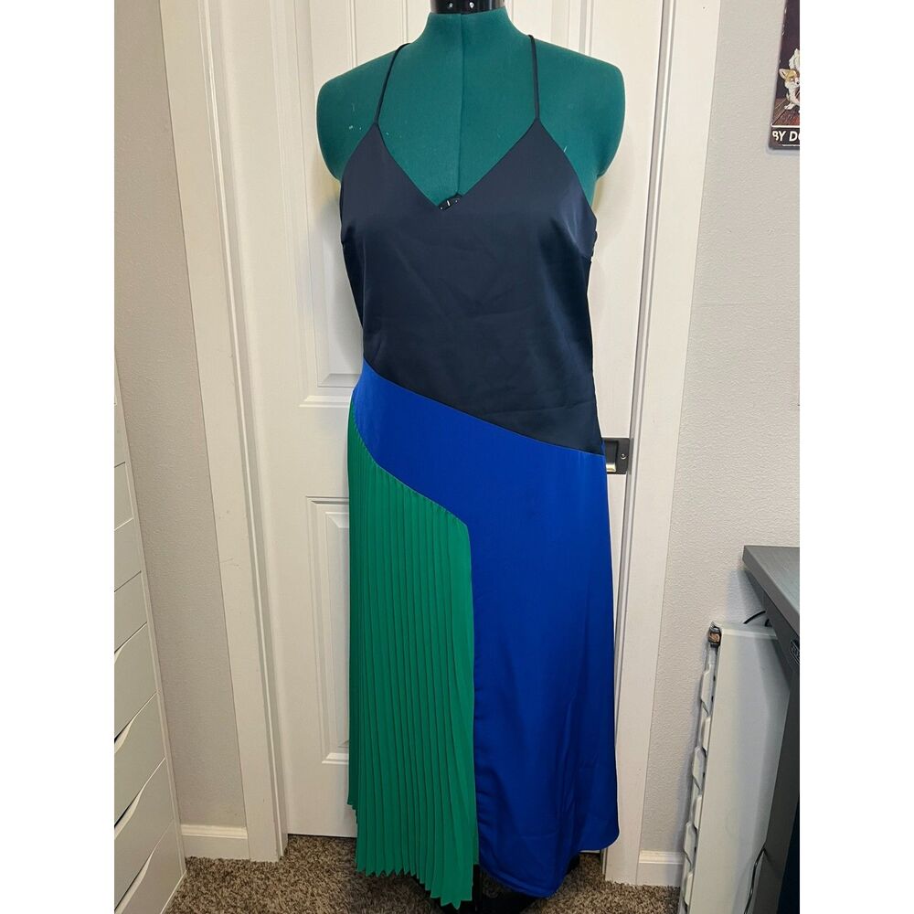 Cushnie X Target Colorblock Pleated Midi Blue Green Slip Dress